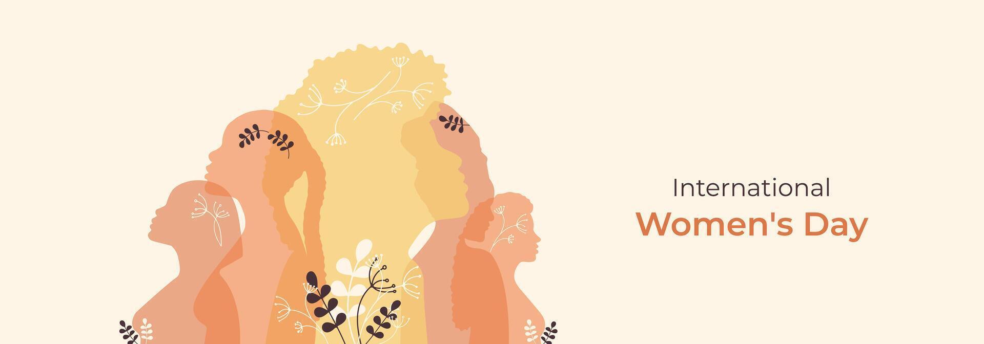 International Womens Day banner. Ladyes of different ethnicities stand side by side together. Diversity people concept. vector