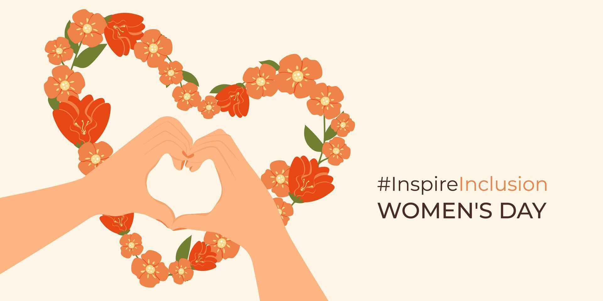 International Women's Day. Flat illustration. IWD March 8 InspireInclusion horizontal design with spring flowers. Hands gesture as heart shape banner Inspire Inclusion 2024 move. vector