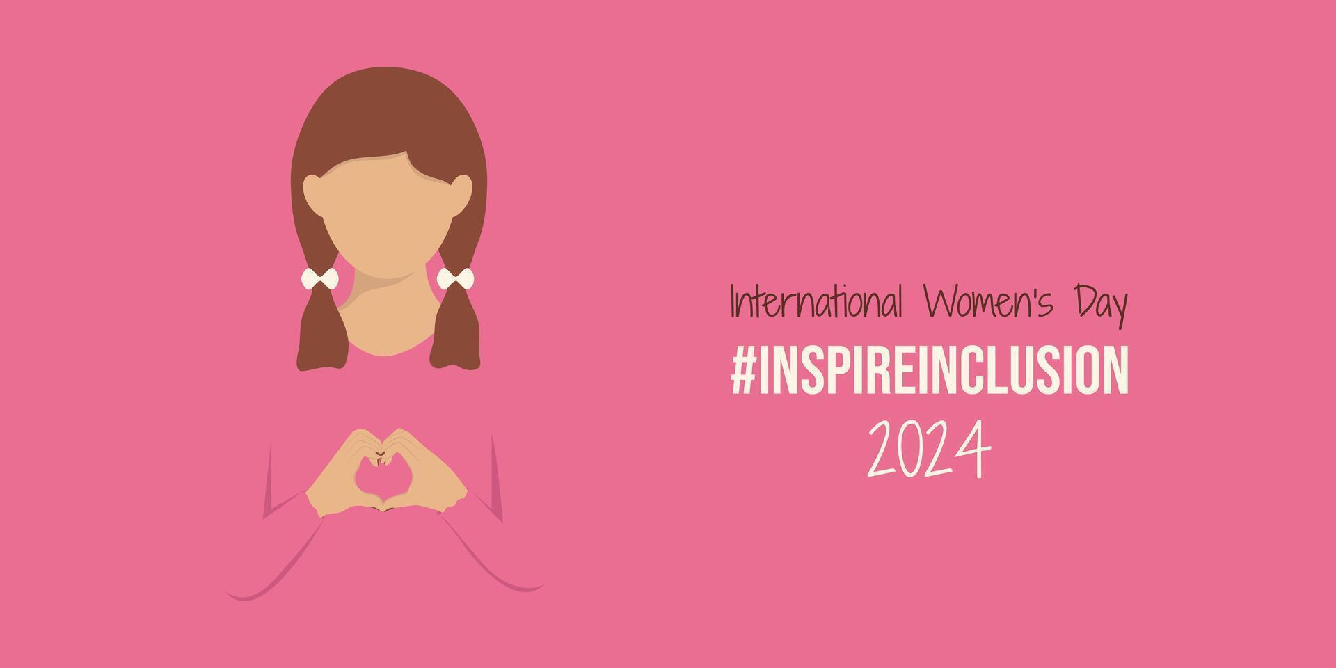 Child on IWD 8 March 2024 Inspire Inclusion banner. Minimalist InspireInclusion slogan and little girl with ponytails. Woman fold her hands with heart for International Women's Day pink design. vector