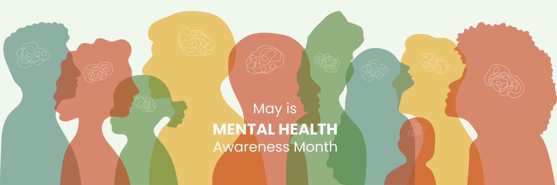 Banner May is Mental Health Awareness month. Reminding about importance of good state of mind. Psychological well-being presentation. Horizontal design with Diversity people silhouette in flat style. vector