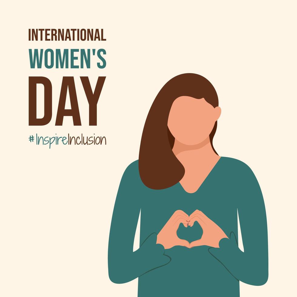 Inspire Inclusion International Women's Day 2024 poster. Woman fold her hands with heart for IWD postcard. Minimalist greeting card with InspireInclusion slogan and beautiful girl for print. vector