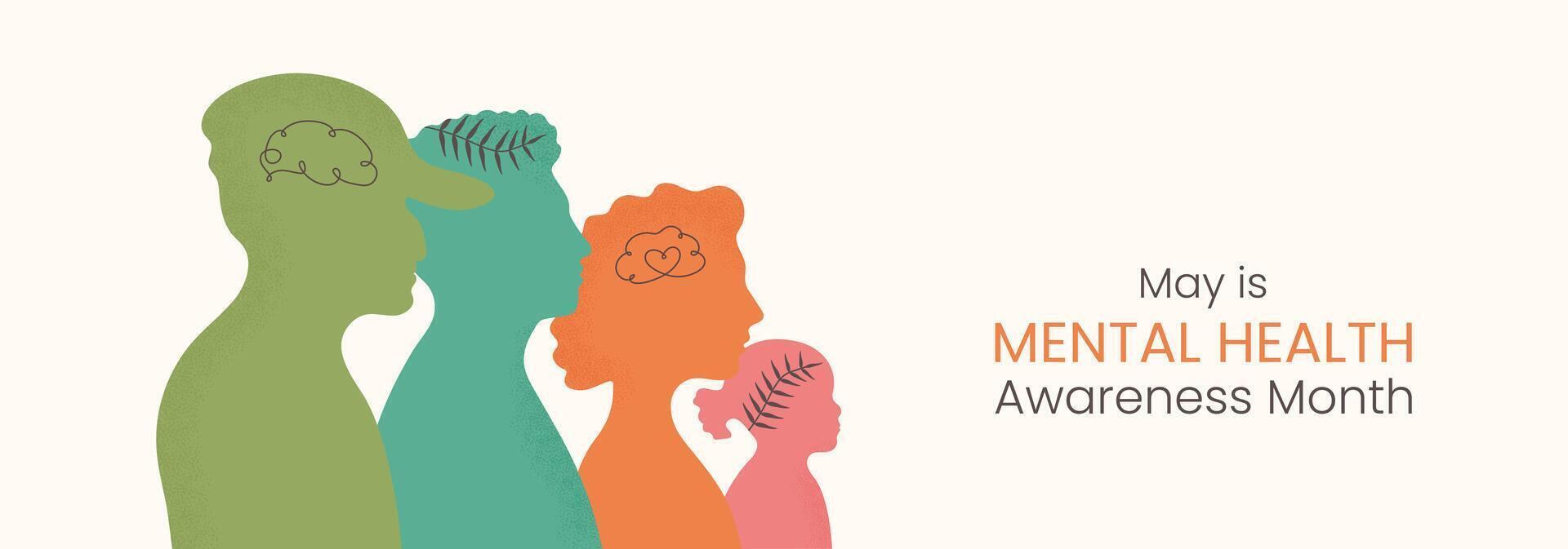 Mental Health Awareness month. Various silhouettes of adults and children. Diversity people contour in flat style. Psychological well-being presentation of human brain. vector