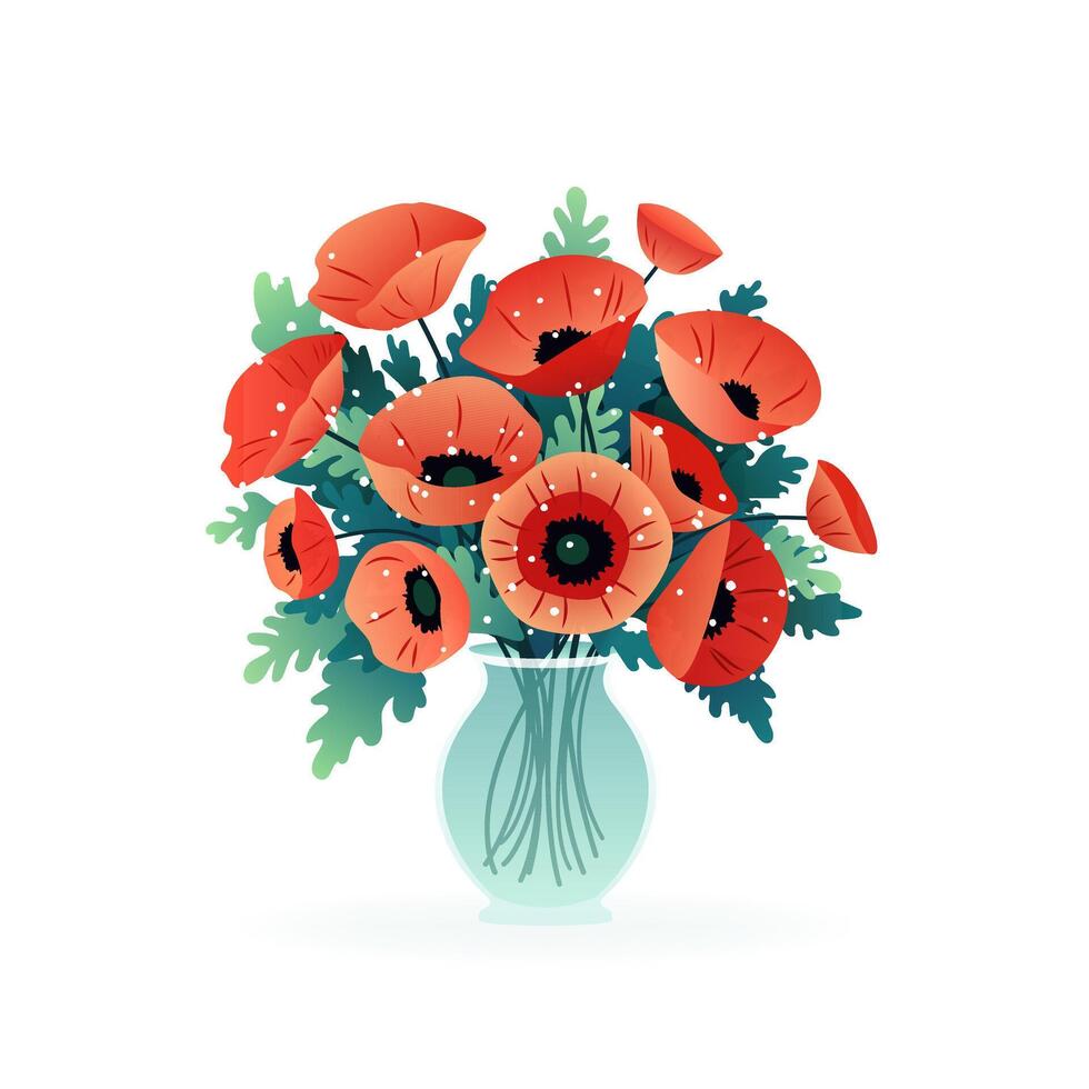 Bouquet of poppies. Spring flowers in vase. isolated vector illustration on white. Modern art for poster, postcard, banner, card and etc. Vector clip art. Women's Day, Mother's Day