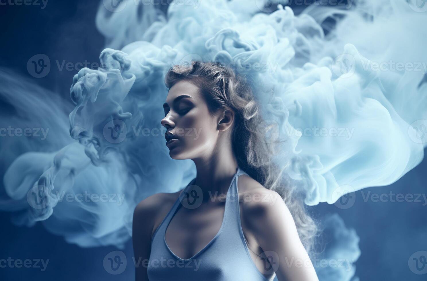 AI generated Female dancer with blue smoke spiral. Generate ai photo