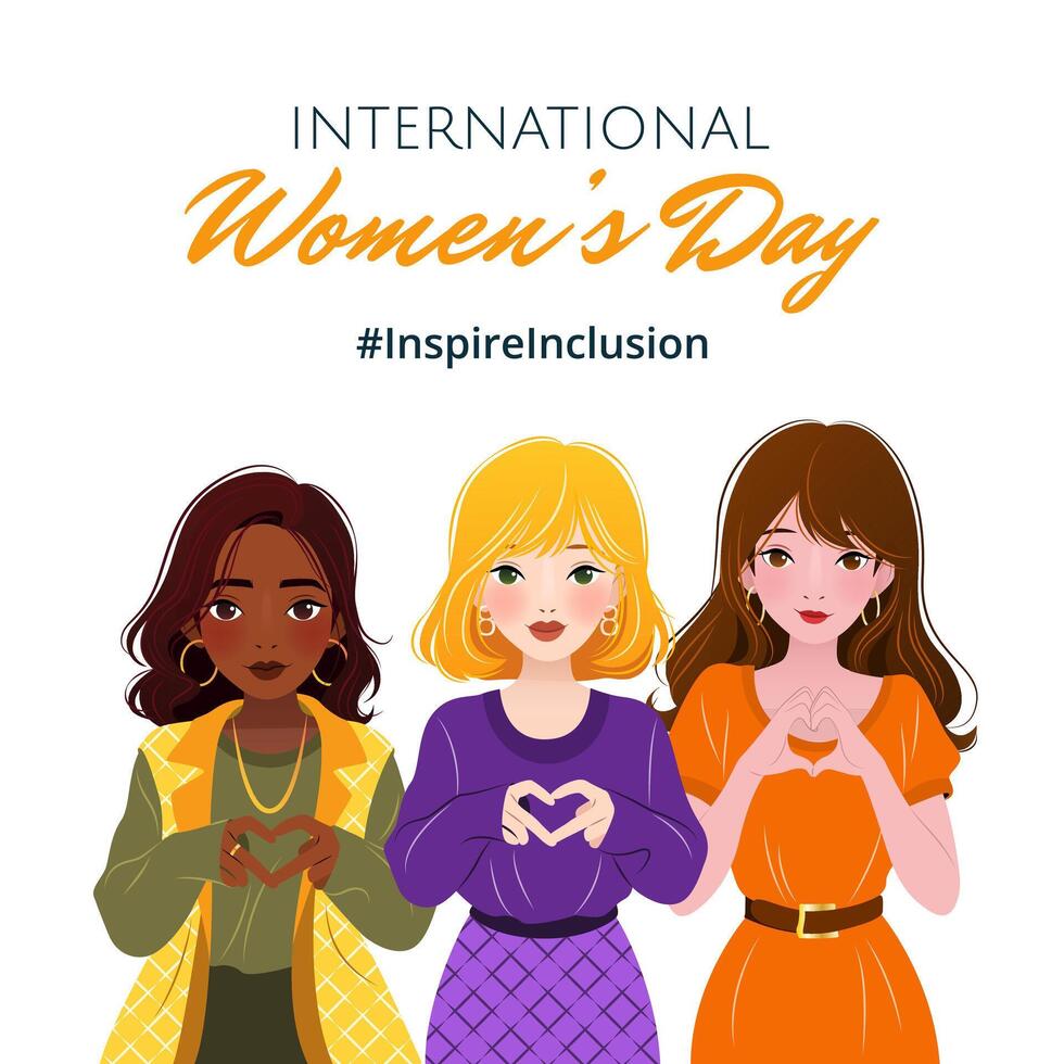 Inspireinclusion. 2024 International Women's Day. Square banner with young diverse ethnicity women showing sign of heart with their hands. Vector design for poster, campaign, social media post.