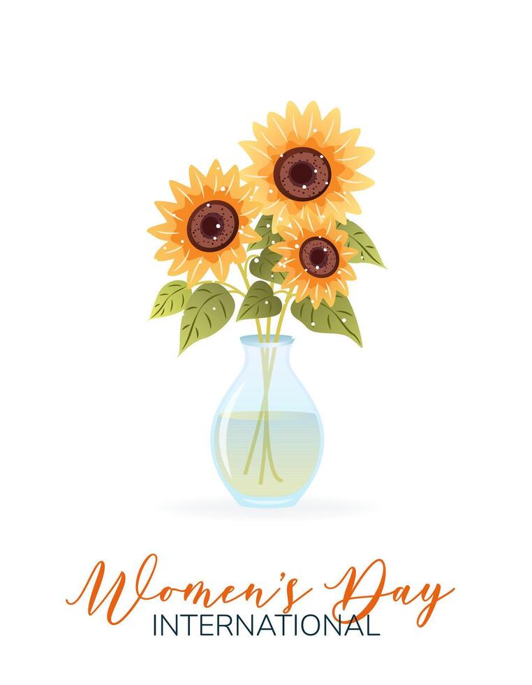 internacional De las mujeres día. 8 marzo. bandera, tarjeta postal con aislado ramo de flores de girasoles en florero. flores en blanco antecedentes. moderno vertical vector diseño para póster, campaña, social medios de comunicación correo.