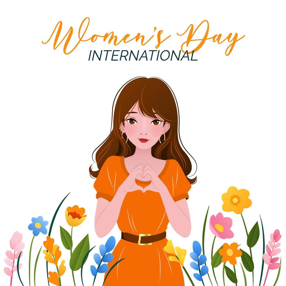 International Women's Day. 8 March. Banner with young woman showing sign of heart. Spring flowers, herbs. Inspire inclusion. Modern vector design for postcard, poster, campaign, social media post.