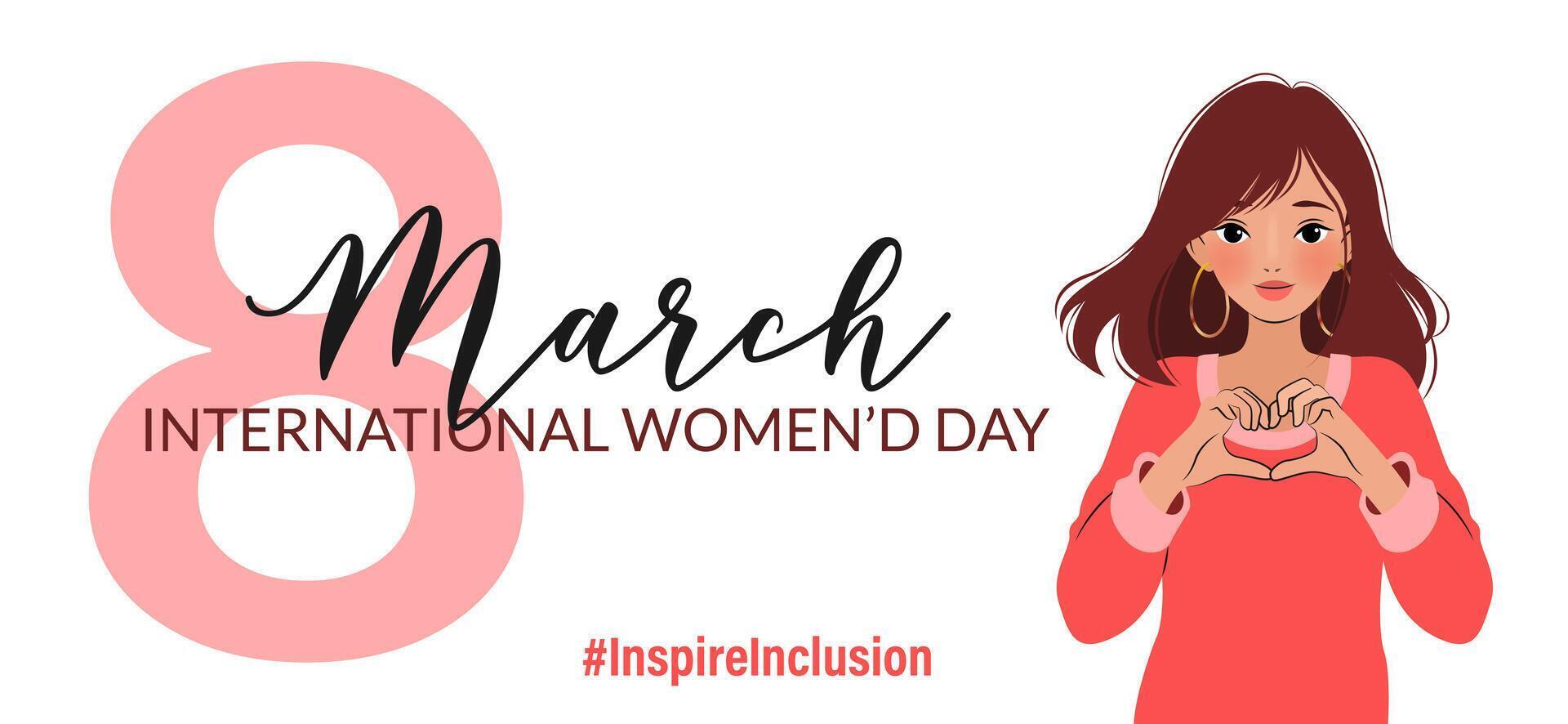 Inspireinclusion. 2024 International Women's Day. 8 March horizontal banner. Woman showing sign of heart with her hands. Design for poster, campaign, social media post. Vector illustration, background