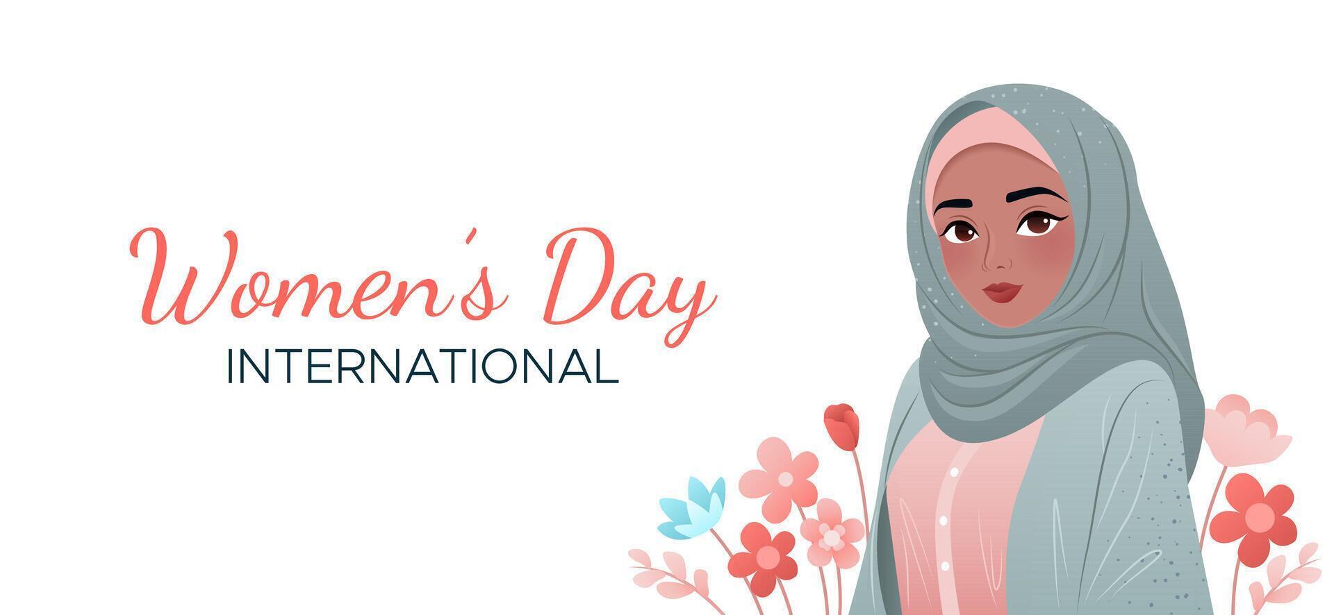 International Women's Day. 8 March banner. Portrait of Muslim woman with flowers. Young girl in hijab. Design for poster, cover, card, campaign, social media post, postcard. Vector illustration.
