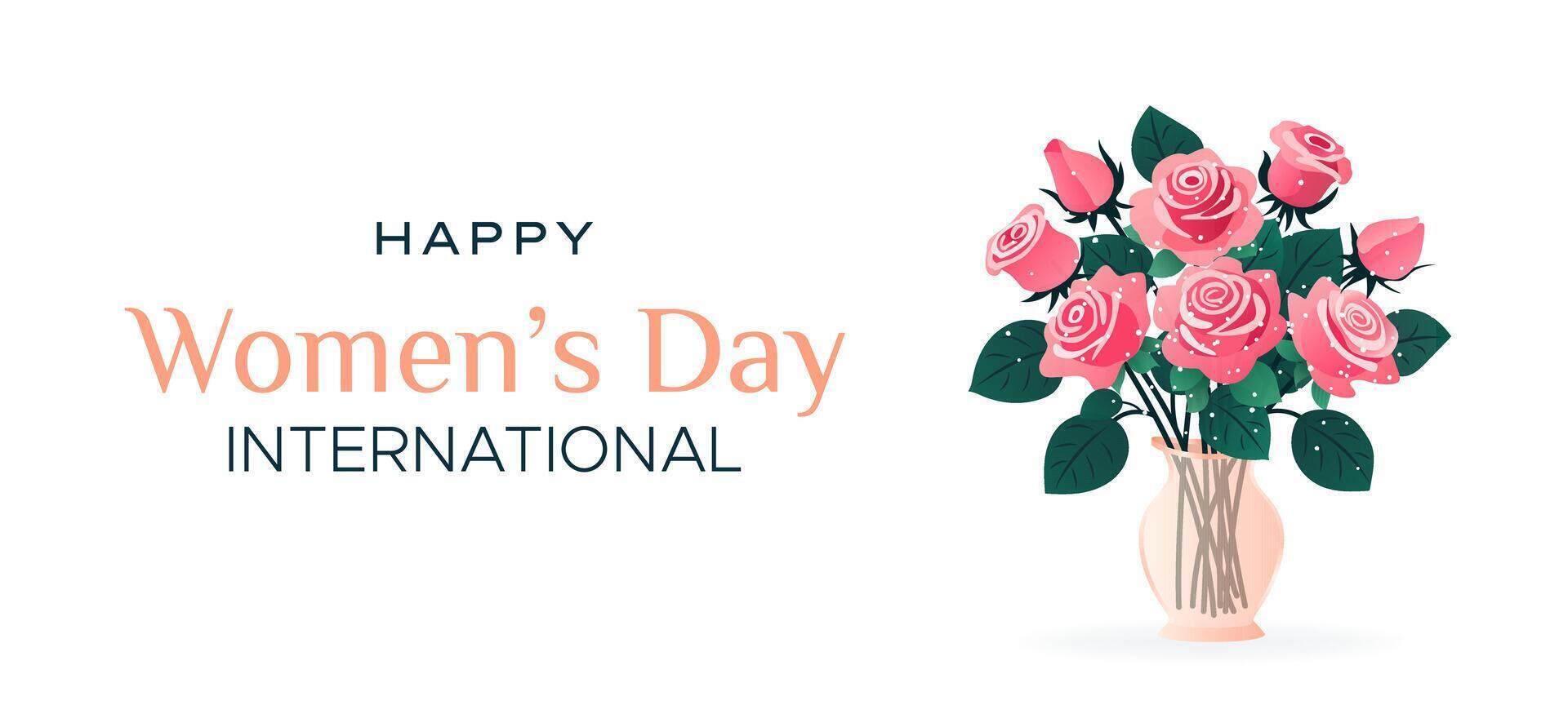 International Women's Day. 8 March. Banner, postcard with isolated bouquet of roses in vase. Flowers on white background. Modern vector design for poster, campaign, promo, social media post.