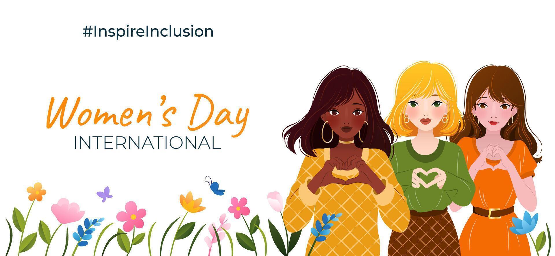 Inspireinclusion. 2024 International Women's Day. Horizontal banner with young diverse ethnicity women showing sign of heart with their hands. Vector design for poster, campaign, social media post.