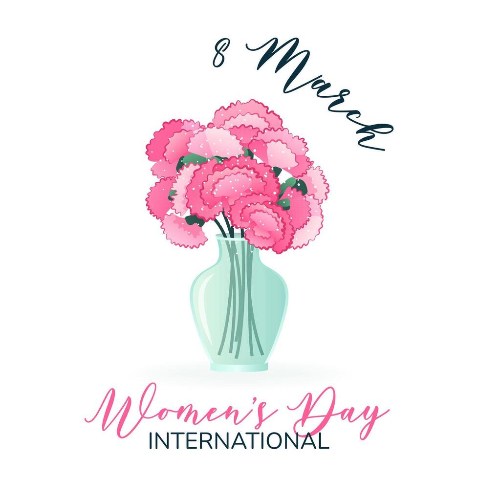 International Women's Day. 8 March. Banner, postcard with isolated bouquet of carnations in vase. Flowers on white background. Modern vertical vector design for poster, campaign, social media post.