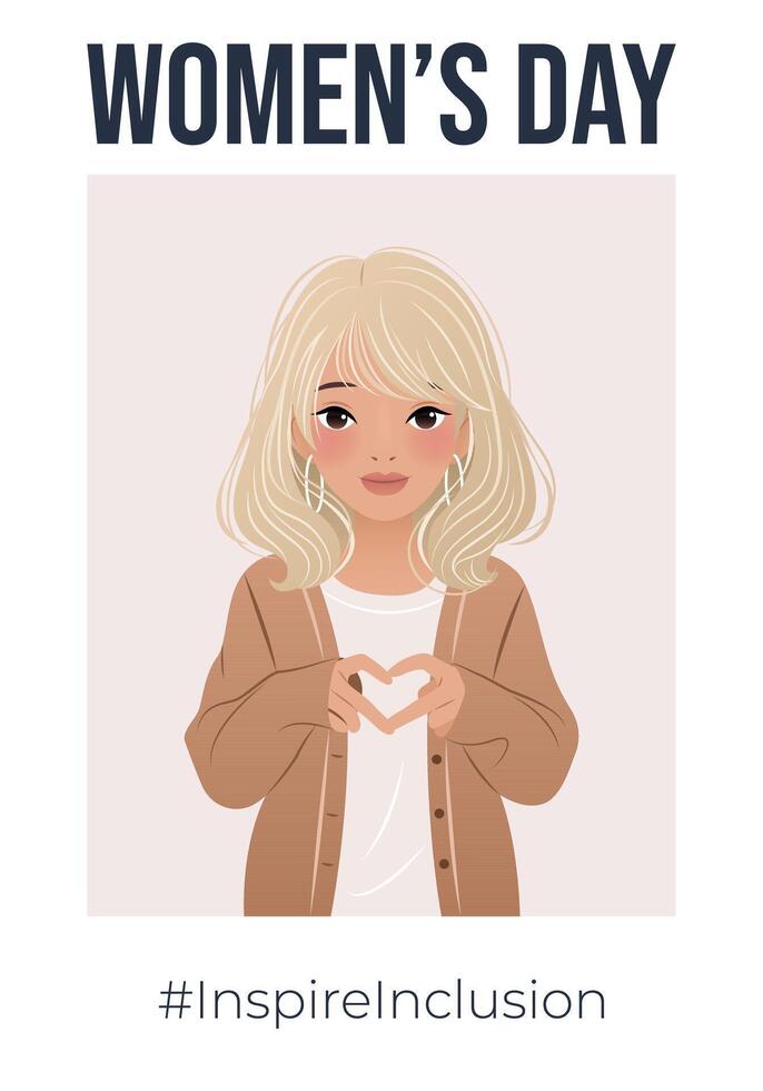 Inspireinclusion. 2024 International Women's Day vertical poster. Woman showing sign of heart with her hands. Design for poster, campaign, social media post, promo. Vector illustration, background.