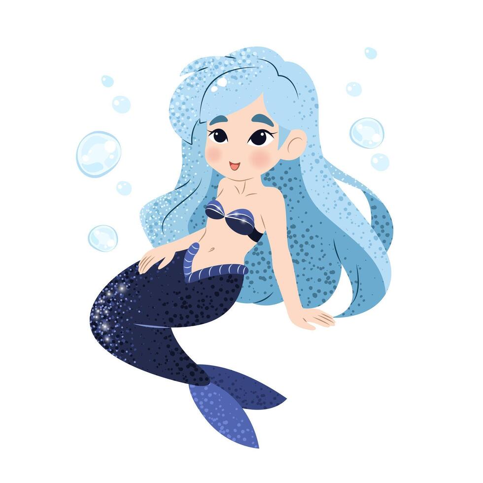 Cute cartoon little mermaid with bubbles. Vector illustration in flat style. Graphic design for children, wallpapers, posters, greeting cards, prints. Magical creature.