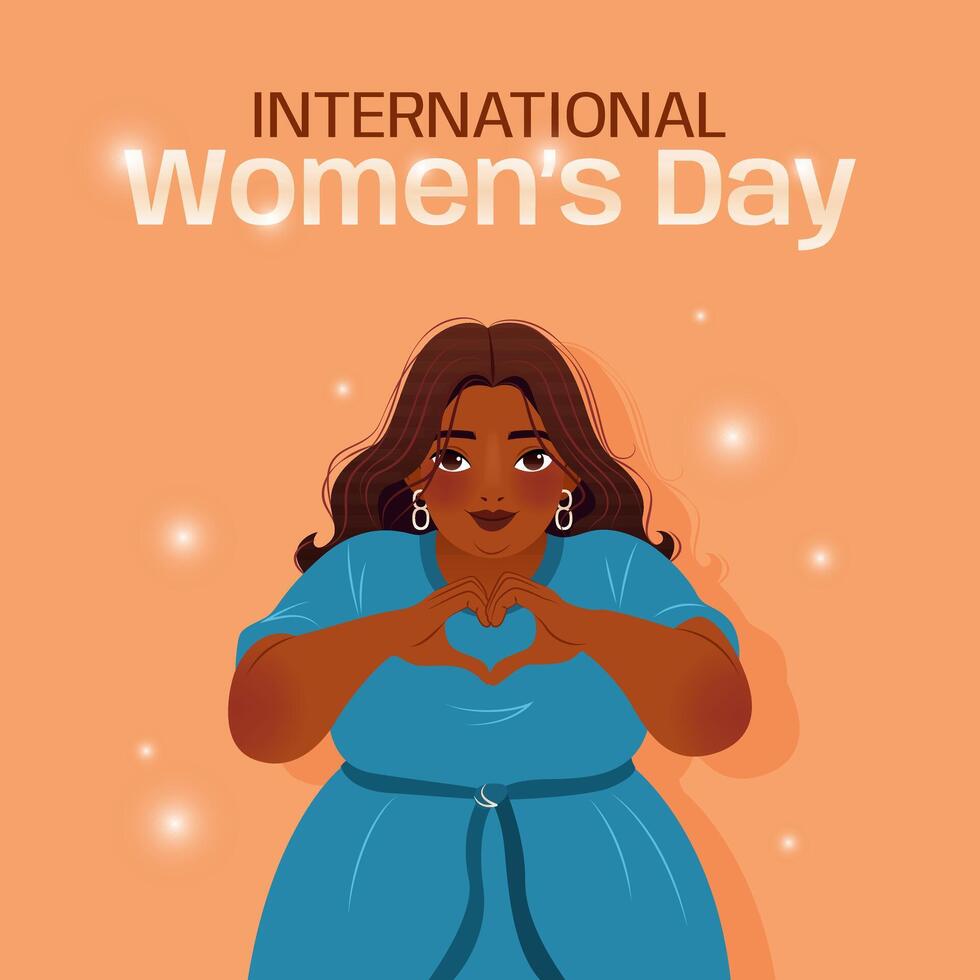 International Women's Day. 8 March. Inspire inclusion. Banner with indian woman showing sign of heart. Modern vector design for poster, campaign, social media post. Body positive movement.