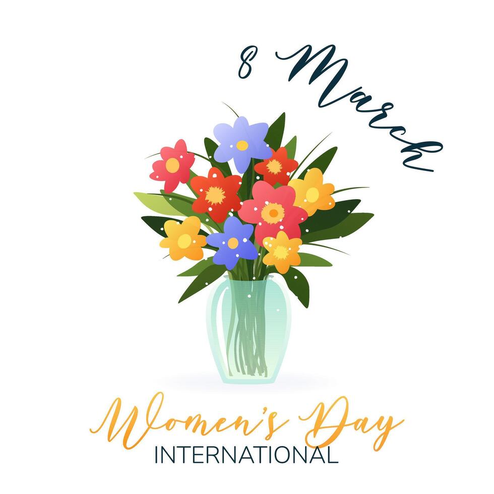 International Women's Day. 8 March. Banner, postcard with isolated vase and bouquet of various spring flowers on white background. Modern vector design for poster, campaign, social media post.
