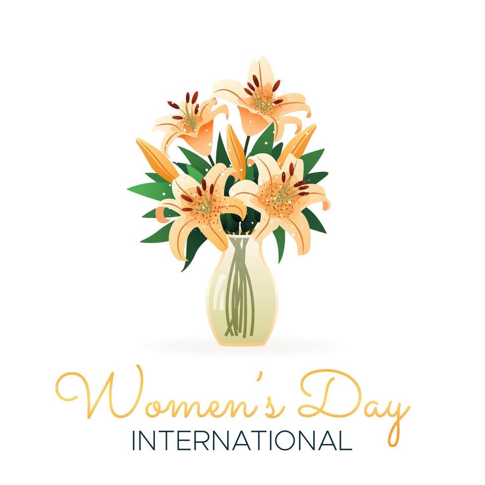 International Women's Day. 8 March. Banner, postcard with isolated bouquet of lilies in vase. Flowers on white background. Modern vertical vector design for poster, campaign, social media post.