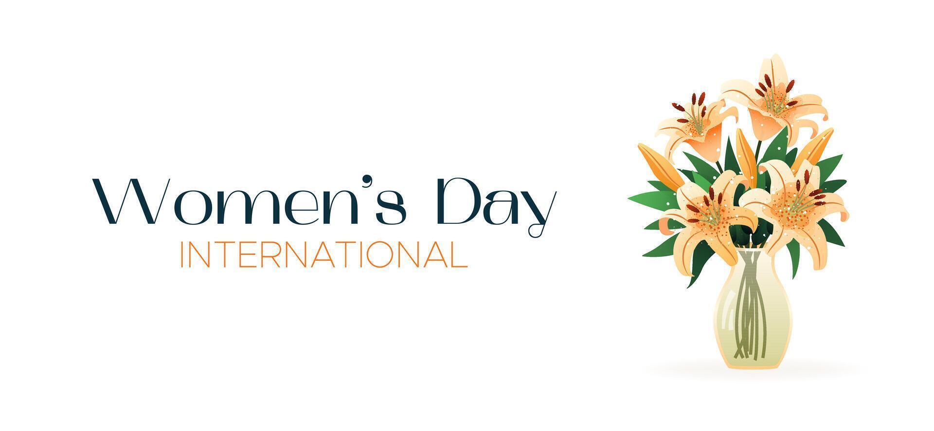 International Women's Day. 8 March. Banner, postcard with isolated bouquet of lilies in vase. Flowers on white background. Modern horizontal vector design for poster, campaign, social media post.