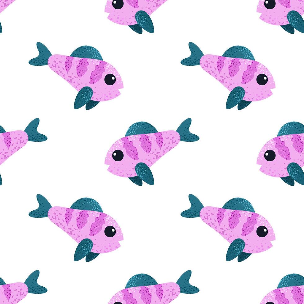 Seamless pattern with cute cartoon fish. Textured marine animals in flat style. Tile on white backdrop for childish print, wrapping, textile, background. Vector graphic design.