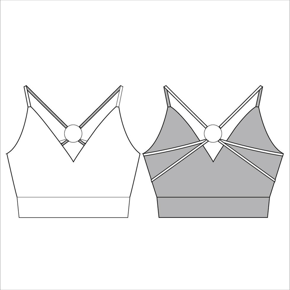 Ladies Open Back Cami Crop Top Vector Template. Back Ring with Strappy Design