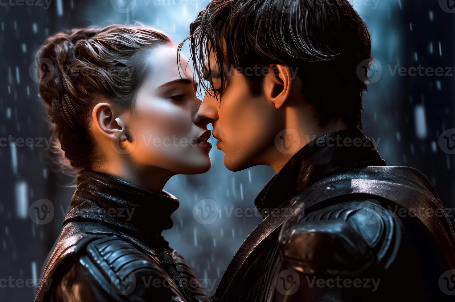AI generated Couple of lovers man and woman kissing red backlight. Generate Ai photo