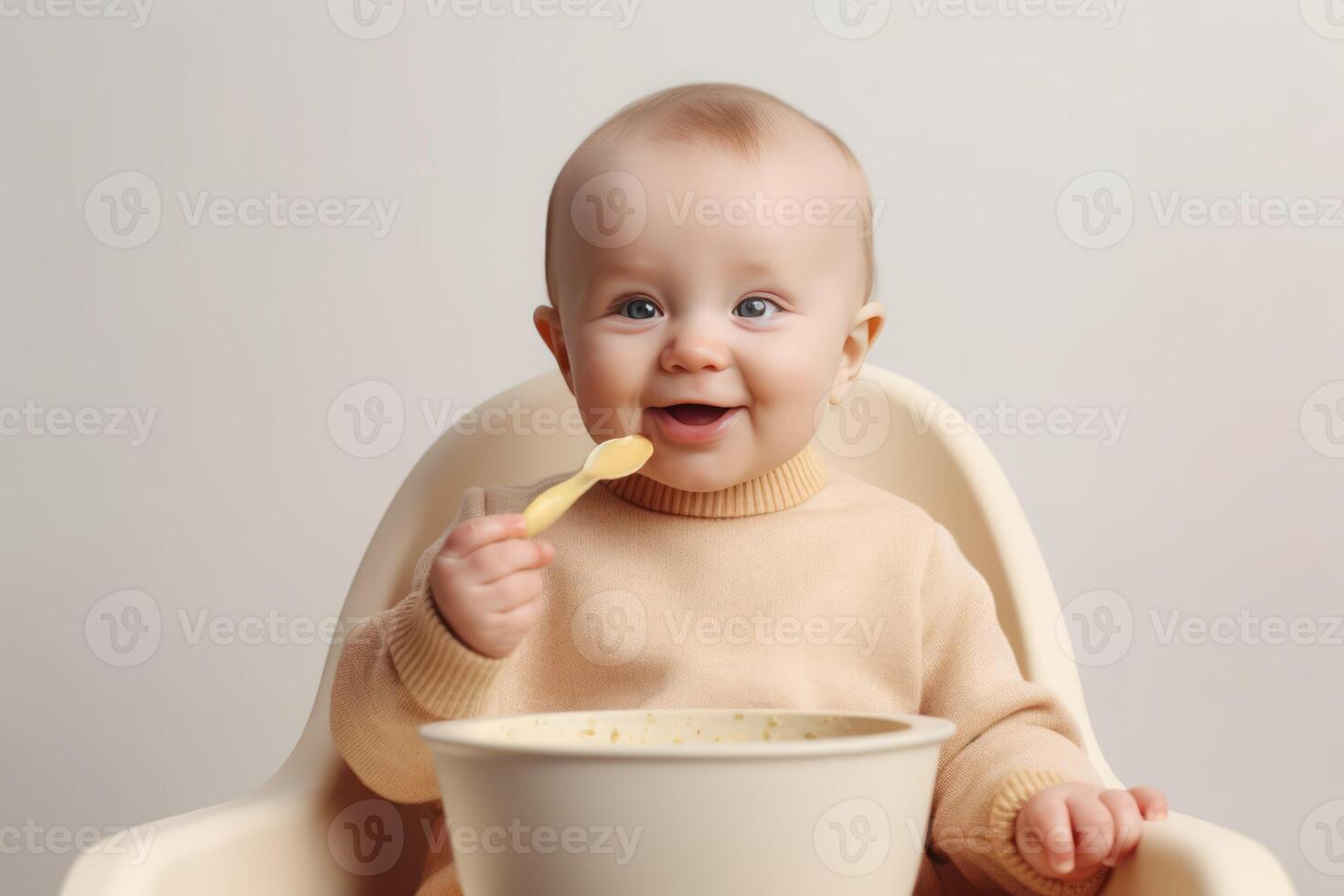 AI generated Smiling baby sitting in eating chair. Generate ai photo