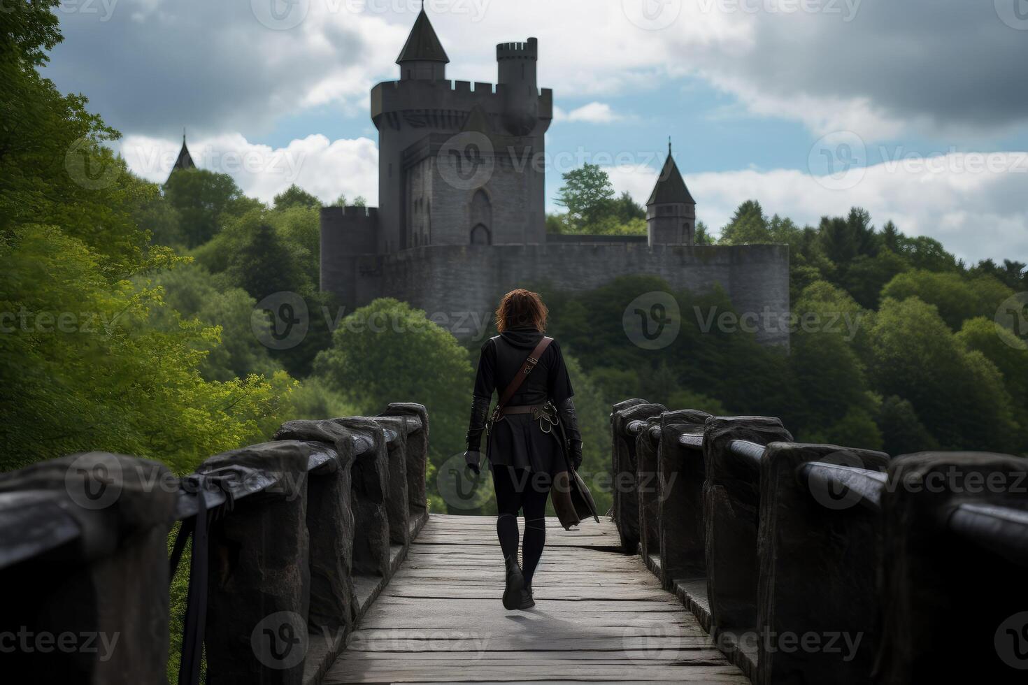AI generated Woman with backpack goes across bridge medieval castle. Generate Ai photo