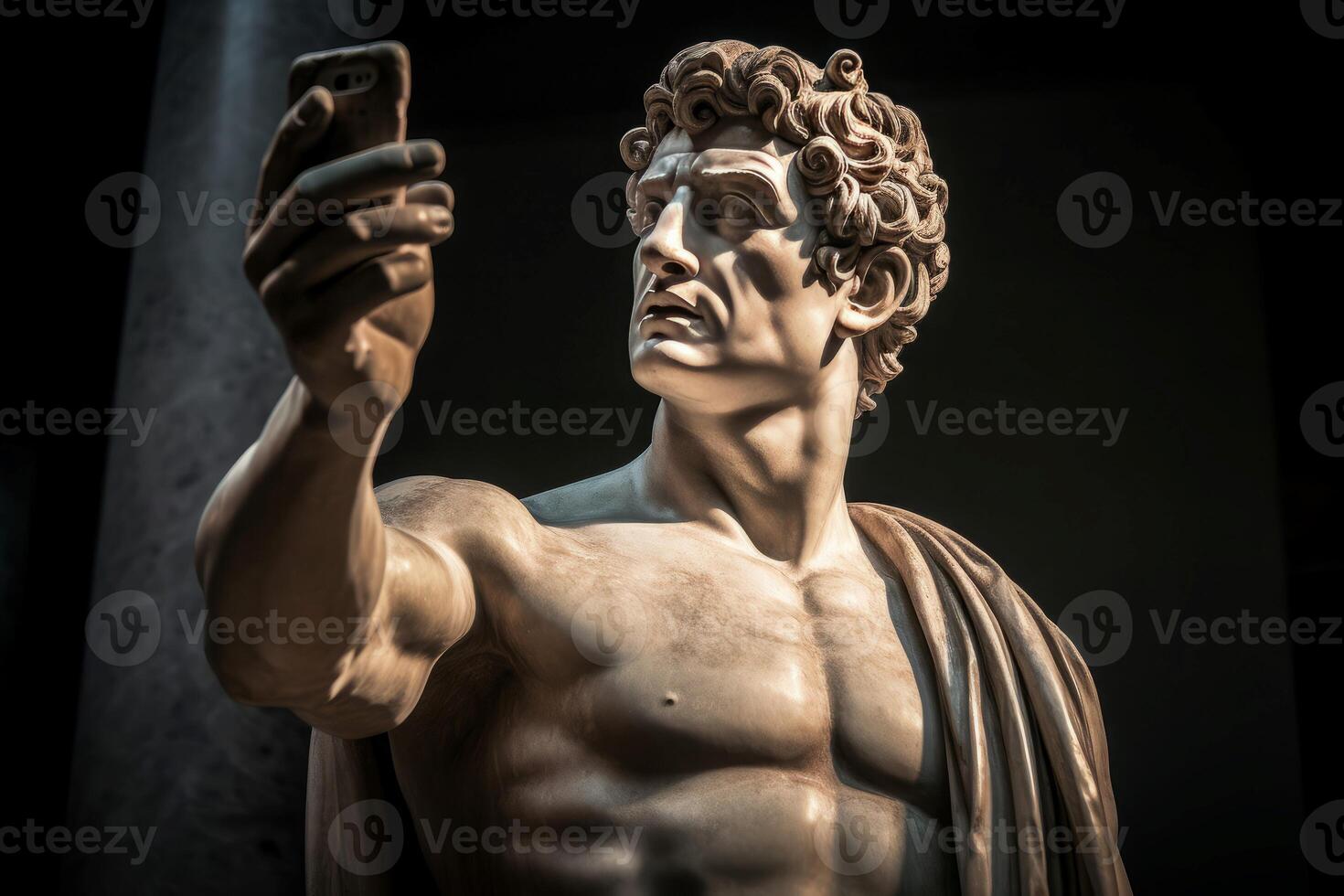 AI generated Statue roman man taking selfie with straight face. Generate Ai photo