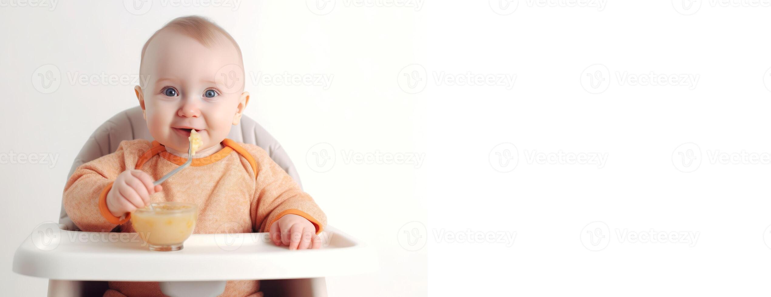 AI generated Smiling toddler sitting in highchair banner. Generate ai photo