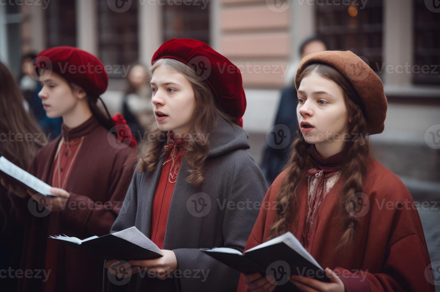 AI generated Kids girls singing traditional songs. Generate Ai photo