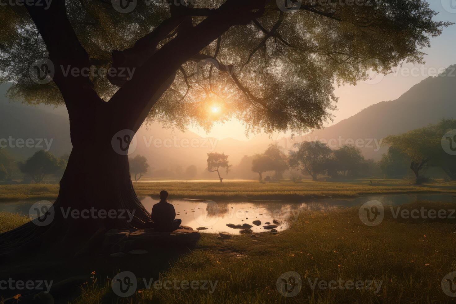 AI generated Sunrise morning meditator under tree near lake. Generate Ai photo