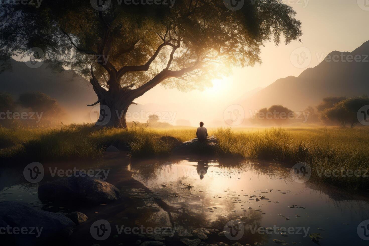 AI generated Sunrise morning meditator under tree mind peace. Generate Ai photo