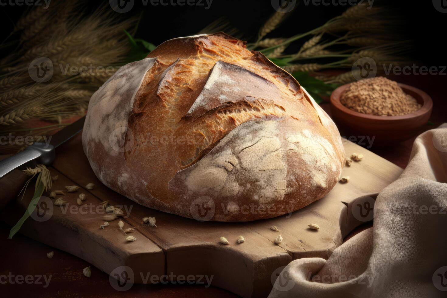 AI generated Well baked wheat bread on wooden board. Generate Ai photo