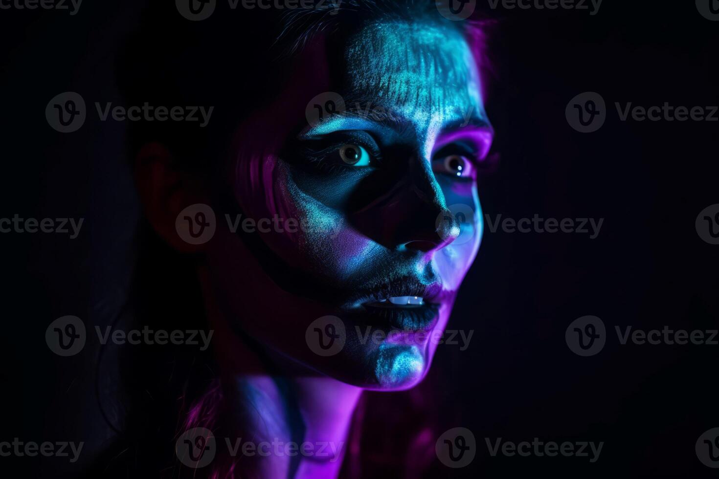 AI generated Woman scary night makeup studio light. Generate Ai photo