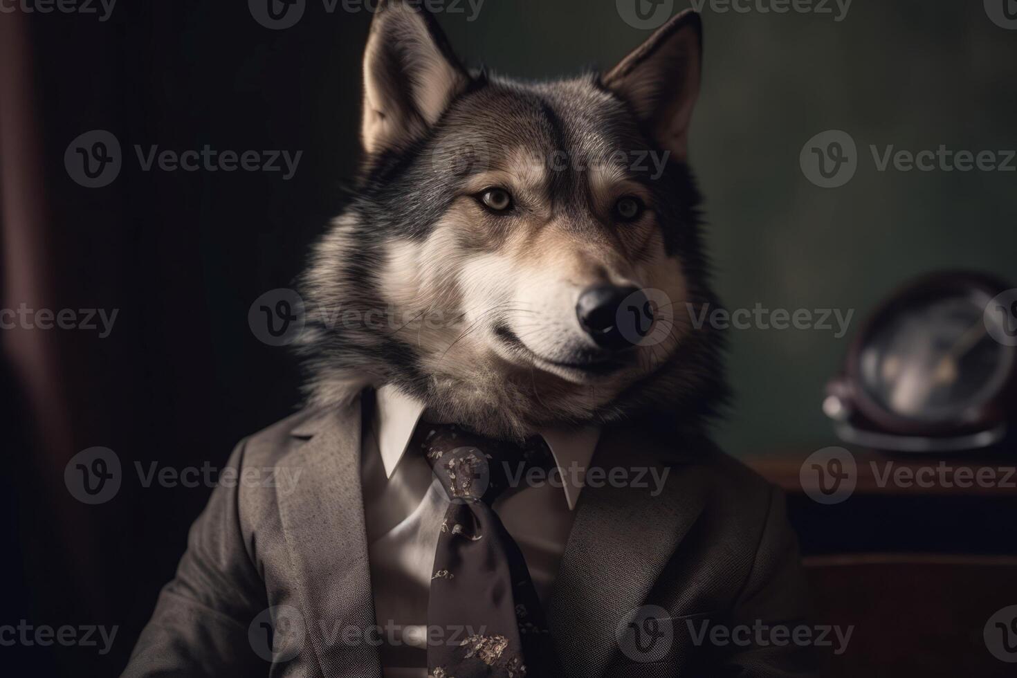 AI generated Grey wolf with brutal clothes. Generate AI photo