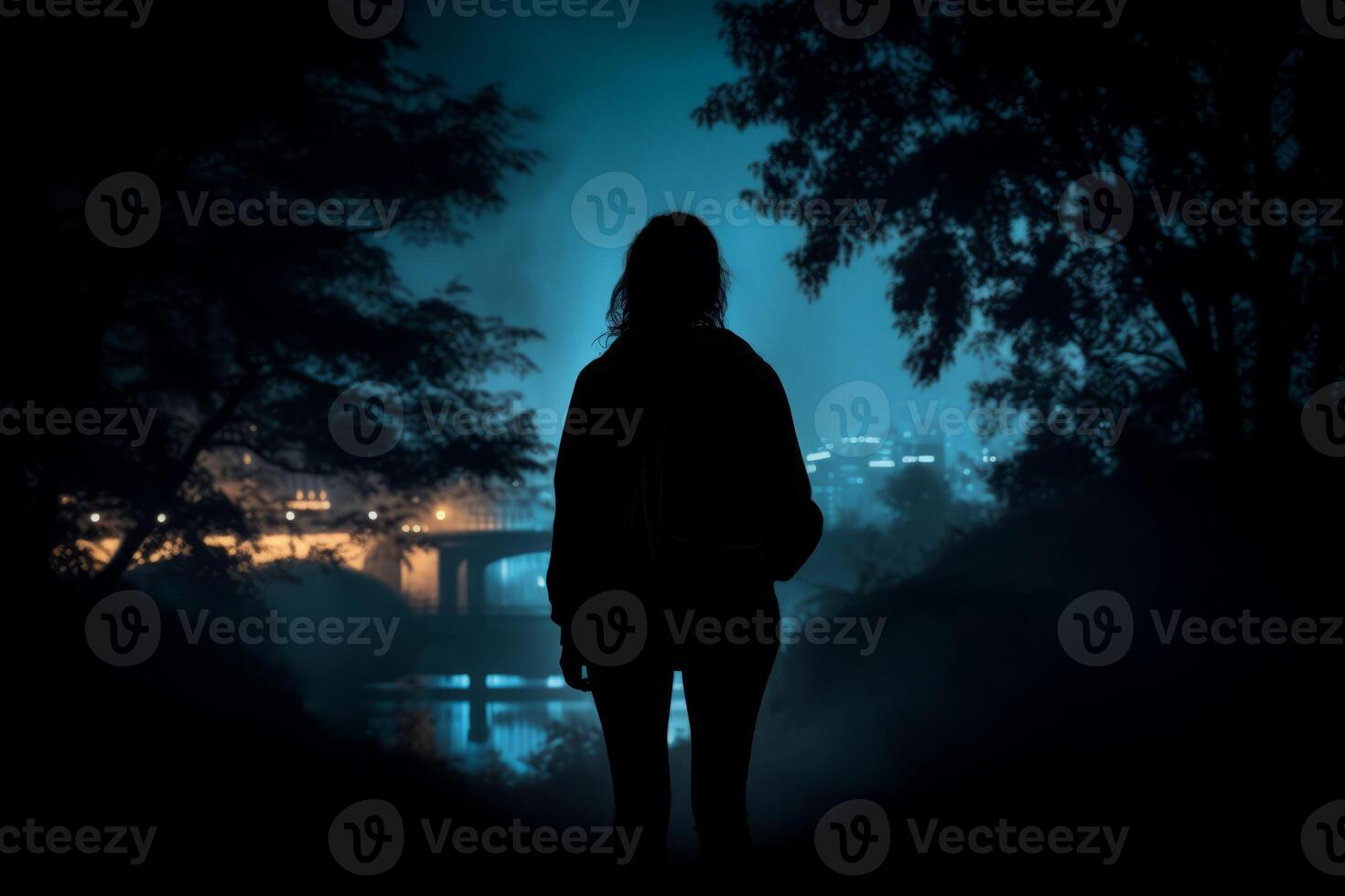 AI generated Woman walking alone at night near bridge. Generate Ai photo