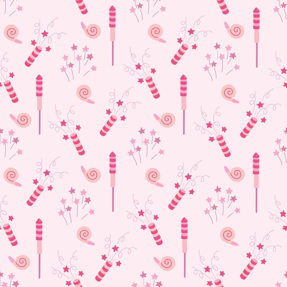 Seamless pattern with petards, firecrackers, birthday whistles and firework with stars. Hand drawn flat vector illustration on pink background. Great for celebration, party and birthday theme