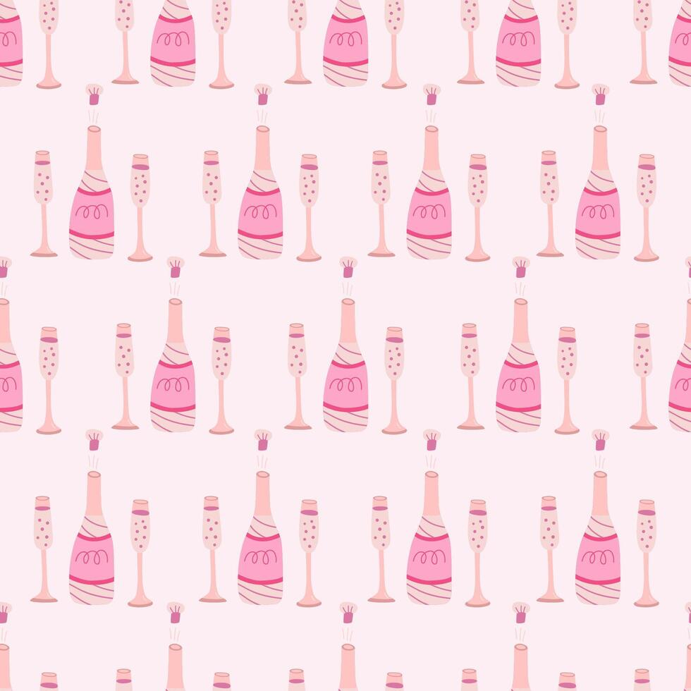 Seamless pattern with bottle of champagne and glasses. Hand drawn flat vector illustration on pink background. Great for celebration, party and birthday themes