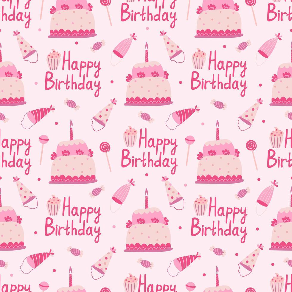 Seamless pattern with birthday cakes, hats and lollipops. Hand drawn flat vector illustration on pink background. Great for celebration, party and birthday themes.