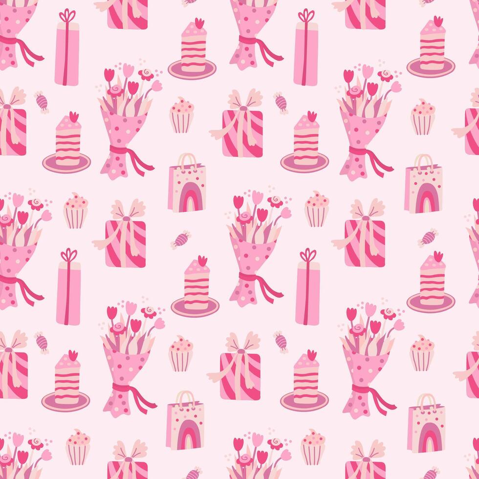 Seamless pattern with bouquets of flowers, birthday cakes, gift boxes, presents and sweets. Hand drawn flat vector illustration on pink background. Great for celebration, party and birthday theme