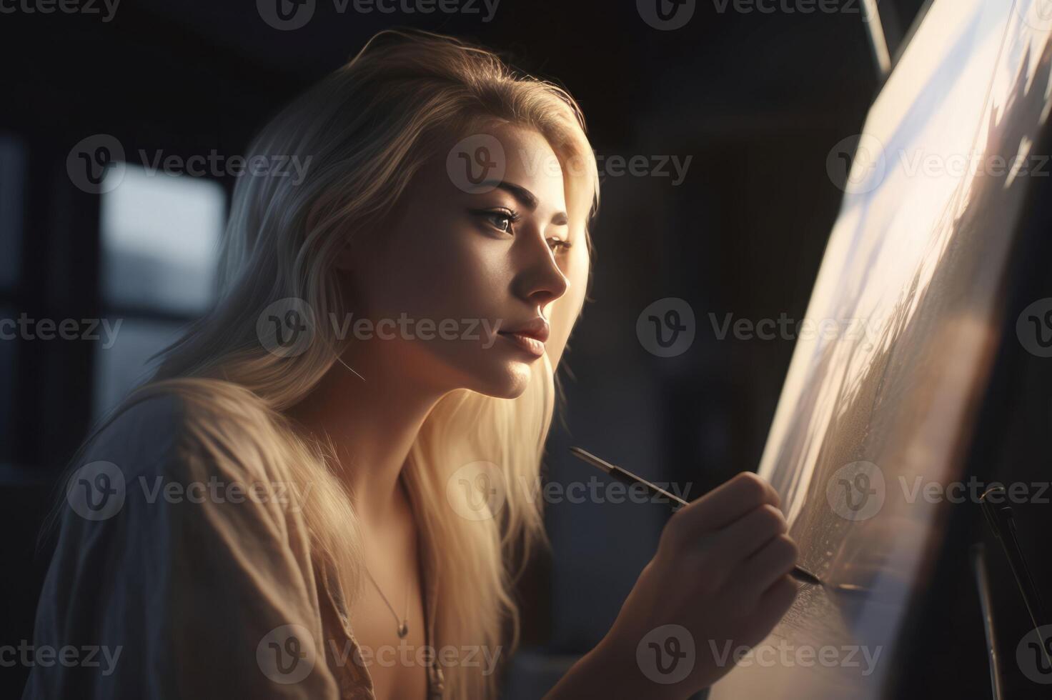 AI generated Attractive blond woman painting. Generate AI photo