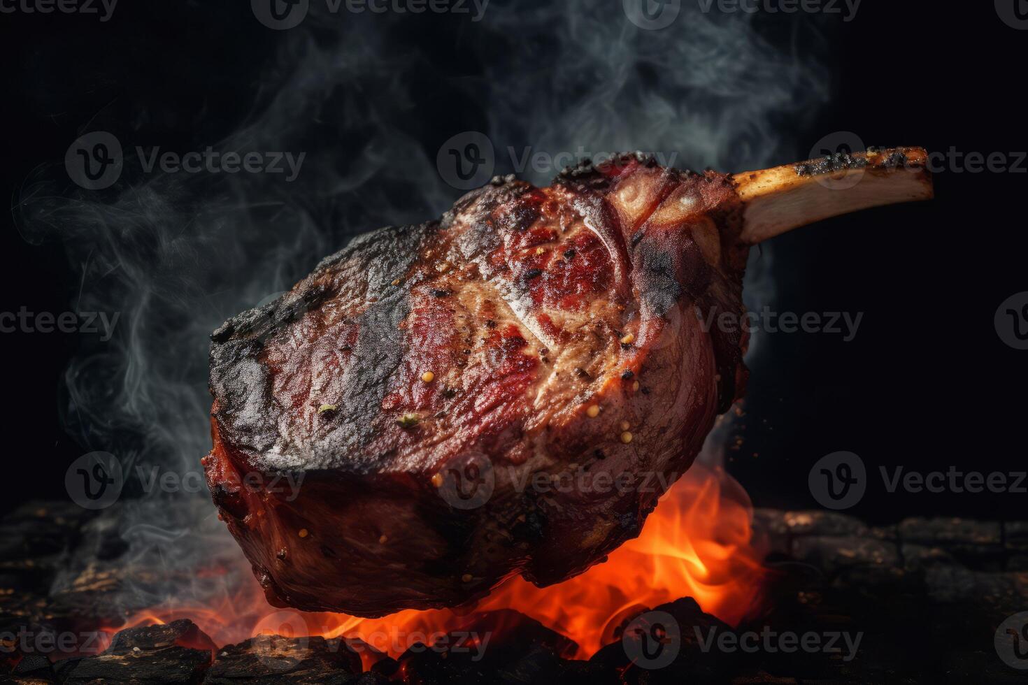 AI generated Barbeque grill tomahawk steak on fire flame. Generate ai photo