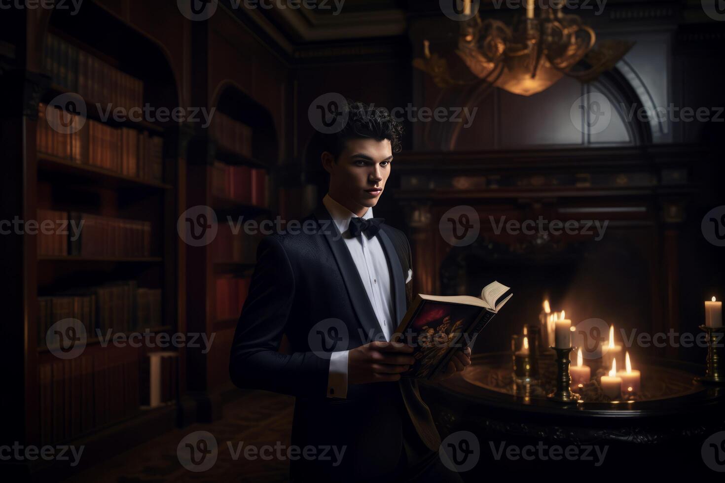 AI generated Handsome gorgeous male model with old book. Generate Ai photo