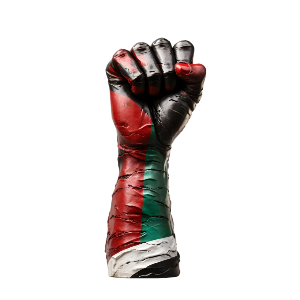 ai généré élevé poing peint avec Palestine drapeau couleurs sur transparent Contexte png image