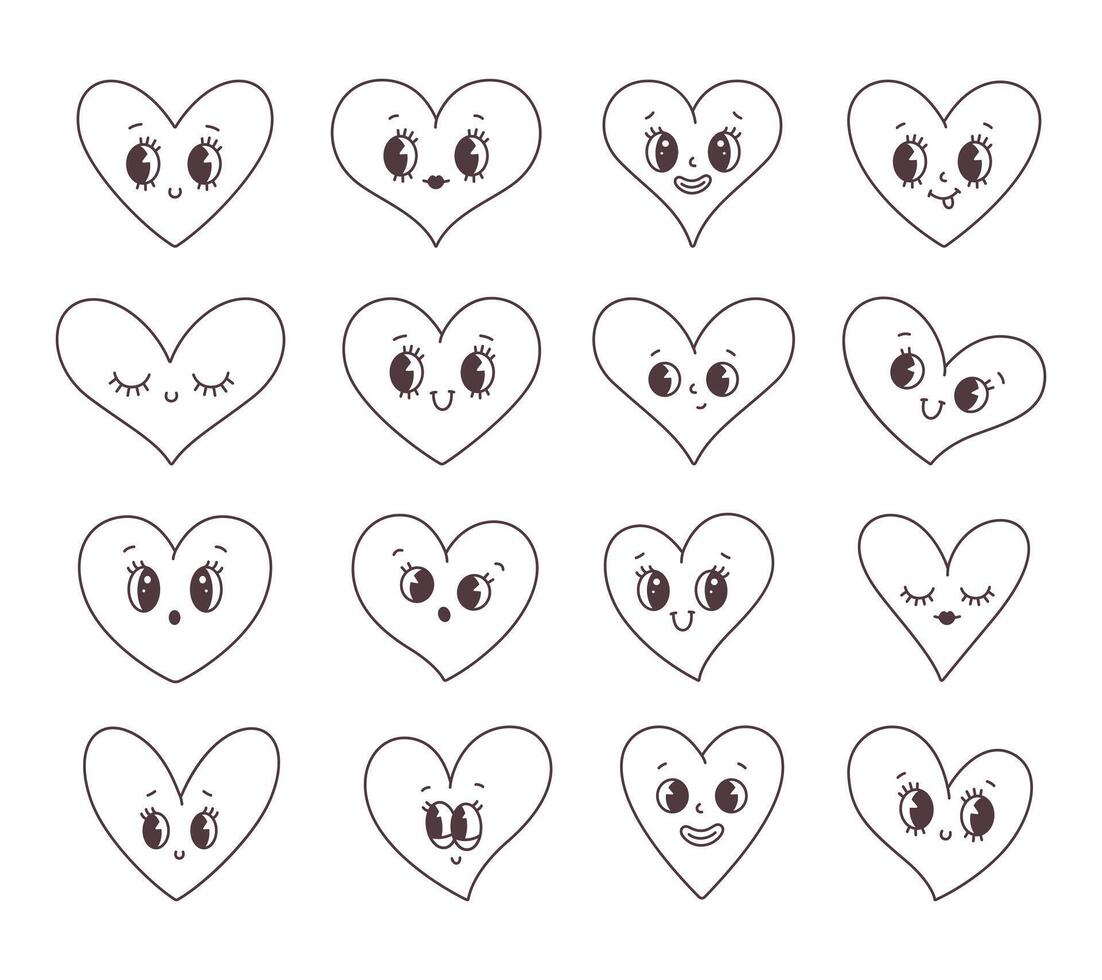 Trendy cartoon heart characters. Outline hearts, coloring book. Valentines day. vector