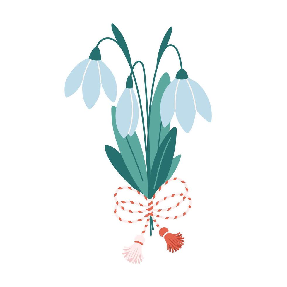 Snowdrop flower with Martisor talisman. Traditional accessory for holiday of early spring in Romania and Moldova vector