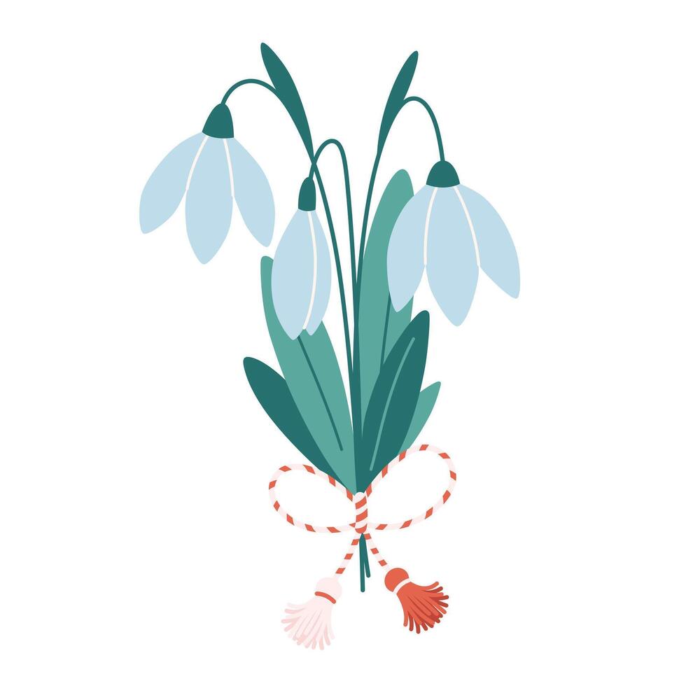 Snowdrop flower with Martisor talisman. Traditional accessory for holiday of early spring in Romania and Moldova vector