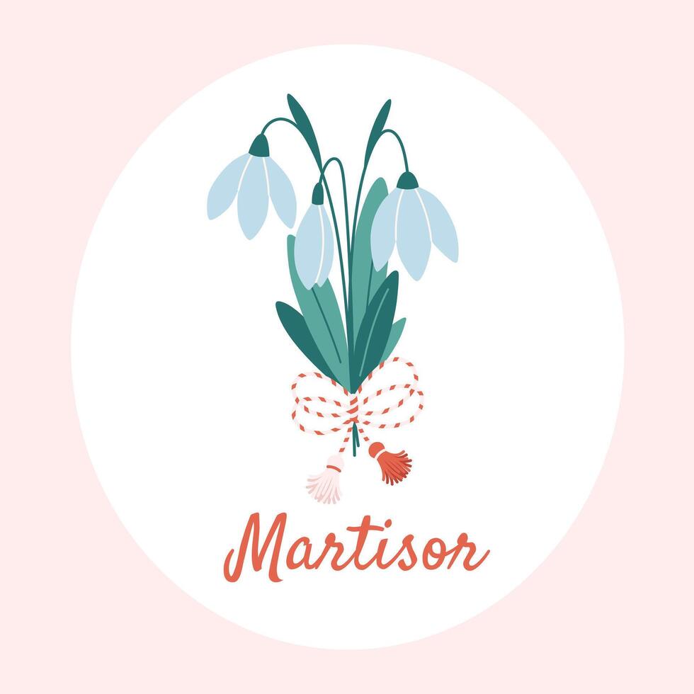 Snowdrop flower with Martisor talisman. Traditional accessory for holiday of early spring in Romania and Moldova vector