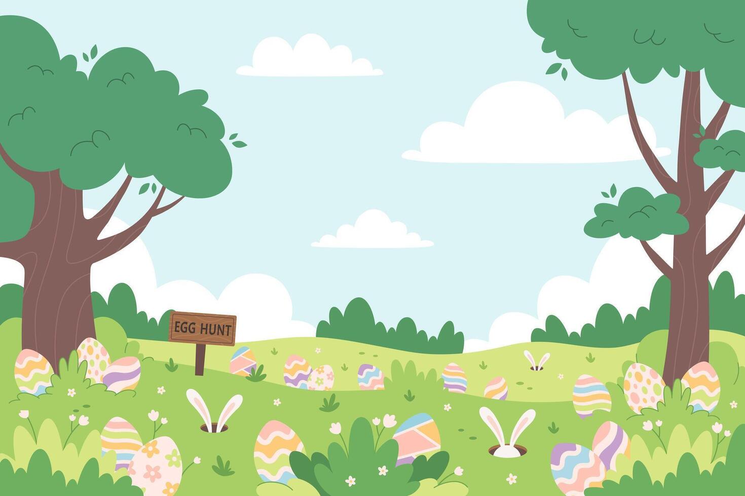 Spring meadow with hidden eggs for Easter egg hunt. Easter Event Celebration in Spring Park. Holiday tradition game for children vector