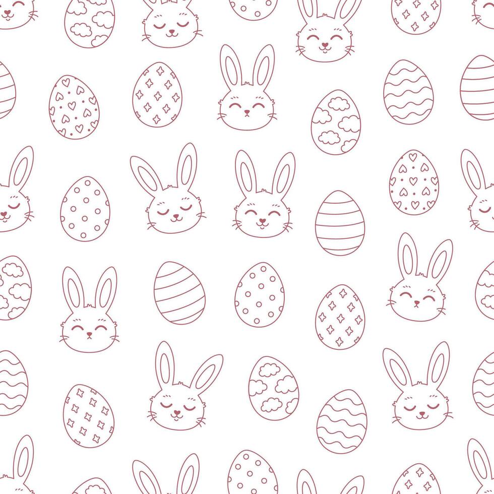 Outline bunny faces with Easter eggs seamless pattern. Coloring book. Happy Easter. vector